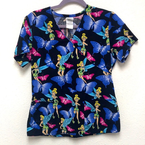 Disney Tinkerbell Tink XS Black and Blue Butterfly Scrub Top with Tie Back - Picture 1 of 10